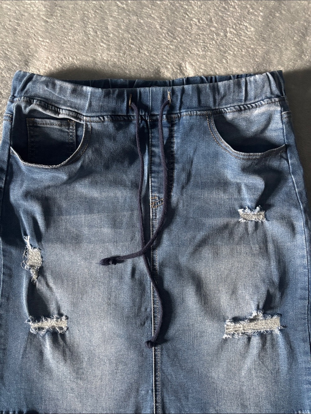 Distressed Blue Denim Drawstring Mini Skirt - Picture 4 of 7